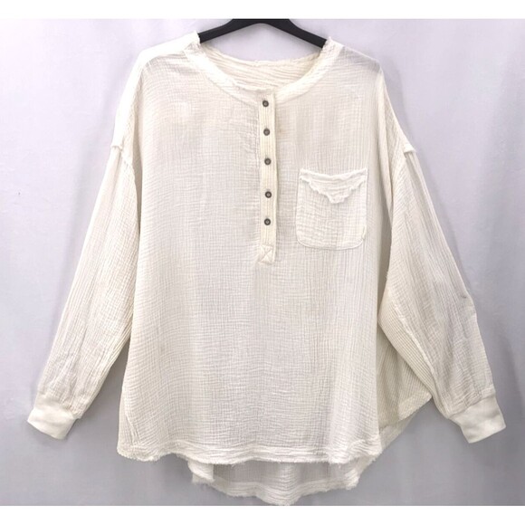 We The Free People Oversize Top M Cream Cotton Button Fray Pillowy Cover Up - Picture 1 of 13